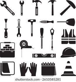 A collection of construction tools and equipment icon sets for May 1st