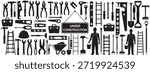 A collection of construction tools and equipment icons, including ladders, pliers, drills, and a "Under Construction" sign. Perfect for construction, DIY, and labor-themed designs.