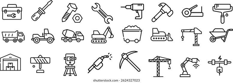 Collection of construction tools and equipment outlined with black lines isolated on white background