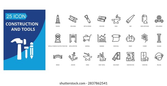 Collection of construction and tools icon sets in outline style. The icon pack contains rigging, steel mesh,  bottle opener, steel rod, anvil, saw, metal recycling,
intelligence, metallic tower of electric structure, metal detector, material, diagram,
paper roll, robot, construction and tool, flower, column, bridge, anchor, forge,
heavy metal, gold ingot, construction, furniture, rolling,

