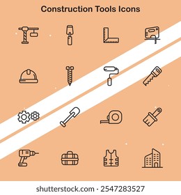 Collection of construction tools icons illustrating equipment used in building and repairs ideal for construction and DIY themes.