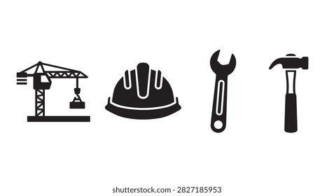 Collection of construction tools including crane, helmet, wrench, and hammer, essential for building, renovation, and construction site activities.
