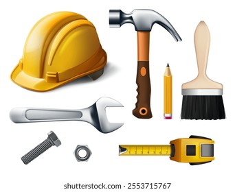 A collection of construction tools including a hard hat, hammer, wrench, paintbrush, pencil, bolt, nut, and measuring tape on a white background.