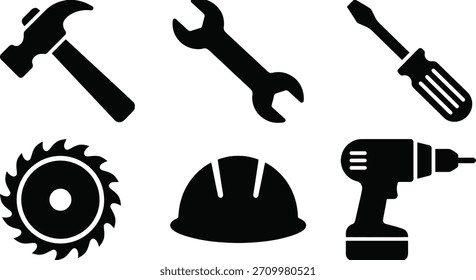 A collection of construction tools in silhouette, including a hammer, wrench, screwdriver, saw blade, hard hat, and power drill, representing construction, repair, and building.