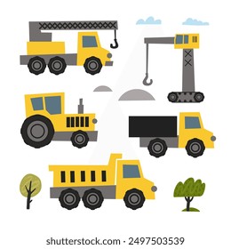 Collection of construction vehicles cartoon art style set. isolated white background.