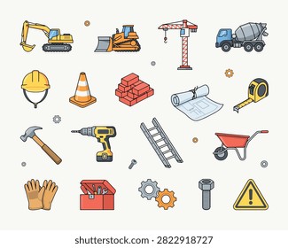 Collection of construction vehicles and tools. Features excavator, bulldozer, crane, cement mixer, hard hat, cone, bricks, blueprint, tape measure. Also includes hammer, drill, ladder, wheelbarrow, gloves, toolbox, gears, bolt, and warning sign. Industrial set for building and repair projects.