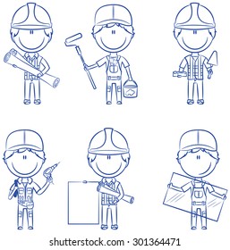 Collection of construction workers: architect, painter, bricklayer, electrician, glazier