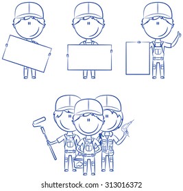 Collection of construction workers with banners: painter, electrician, plumber