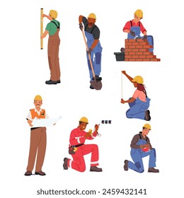 Collection Of Construction Workers Engaged In Various Activities. Surveying, Shoveling, Bricklaying, Blueprint Reading, Wiring, And Measuring. Diverse And Skilled Laborers In Safety Gear On The Job