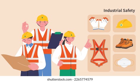 A collection of construction workers and safety equipment.