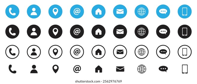 Collection of contact icon set. Contact us icon set phone email location chat website. Social media contact vector outlined icon set.