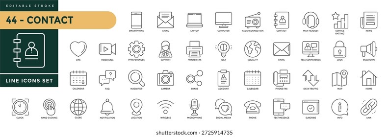 Una colección de iconos de contacto configurados con un trazo editable, que incluye como, correo, computadora portátil, computadora, redes sociales, globo, Suscribirse, información, mapa, compartir, bloquear, servicio, soporte. Ilustración vectorial lineal delgada