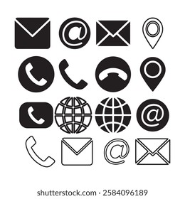 A collection of contact icons that include a globe, a location pin, an envelope, and a phone. The globe and location pin are for worldwide communication and location-based services. The envelope and e