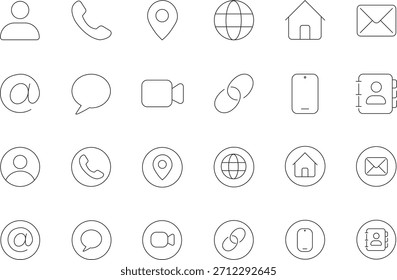 Una colección de íconos de métodos de contacto, probablemente incluyendo símbolos para teléfono, correo electrónico, ubicación y redes sociales, en varios colores.
