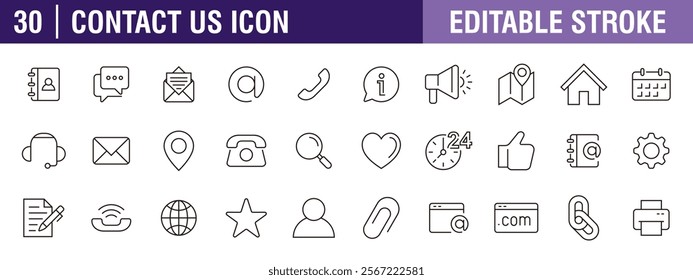 Collection of contact us icons. Business, communication, social, media. Vector design template, signs, symbols, editable stroke.