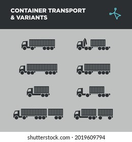 Sammlung von Containertransporten von LKWs und LKWs mit Anhängern, Größen und Kranvarianten.