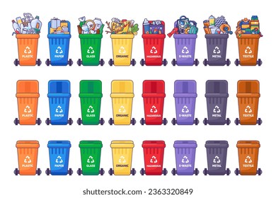 Collection of containers of different colors for sorting different types of household and industrial waste. Closed, open, empty, filled bins with recycle sign. Stroked cartoon outline isolated vector