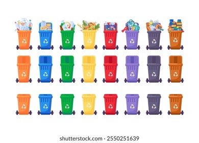 Collection of containers of different colors for sorting different types of household and industrial waste. Closed, open, empty, filled bins with recycle sign. Stroked cartoon outline isolated vector