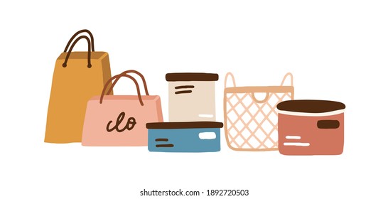 Recogida de contenedores para su almacenamiento: paquetes de marca, paquetes, bolsas de papel, cestas y cajas de cartón. Ilustración vectorial plana de color aislada en fondo blanco.