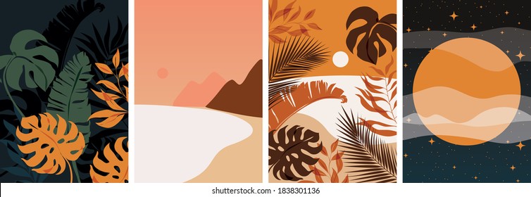 Collection of contemporary abstract art posters. Paper cut abstract & floral collages, landscape scenes. Design for social media, wallpapers, postcards, prints, romance.