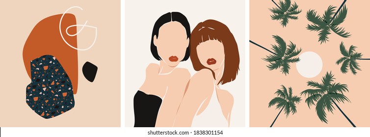 Collection of contemporary abstract art posters. Paper cut male & female, abstract & floral collages, landscape scenes. Design for social media, wallpapers, postcards, prints, romance.