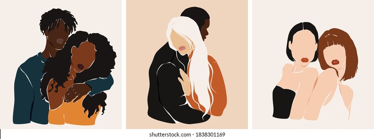 Collection of contemporary abstract art posters. Male and female. Design for social media, wallpapers, postcards, prints, romance.