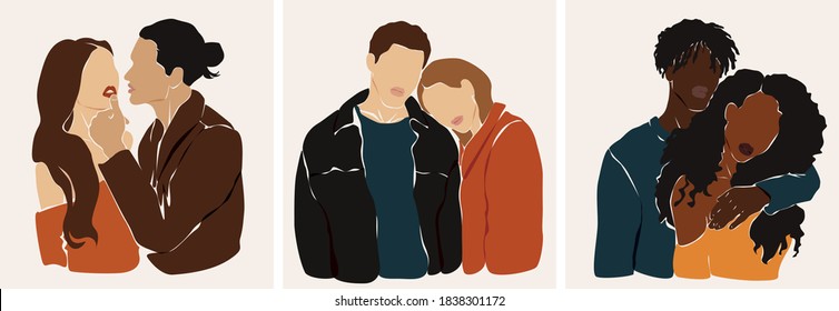 Collection of contemporary abstract art posters. Male and female. Design for social media, wallpapers, postcards, prints, romance.