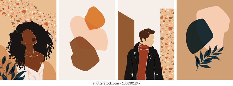 Collection of contemporary abstract art posters. Paper cut male & female, abstract & floral collages, landscape scenes. Design for social media, wallpapers, postcards, prints, romance.