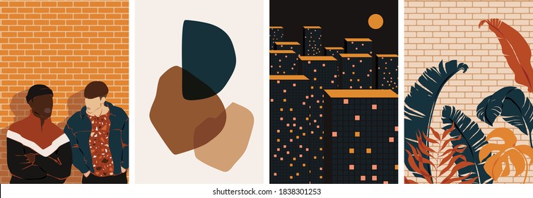 Collection of contemporary abstract art posters. Paper cut male & female, abstract & floral collages, landscape scenes. Design for social media, wallpapers, postcards, prints, romance.