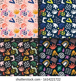 Collection of contemporary abstract seamless backgrounds, vector repeat pattern made of colorful scribble shapes and doodles. Modern floral ethnic backdrops, good as fashion prints or wrapping paper.