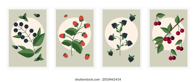 Collection of contemporary art. Abstract minimalistic posters with berries. Set of modern posters with raspberries, cherries, blueberries and blackberries. Flat vector illustration for banners