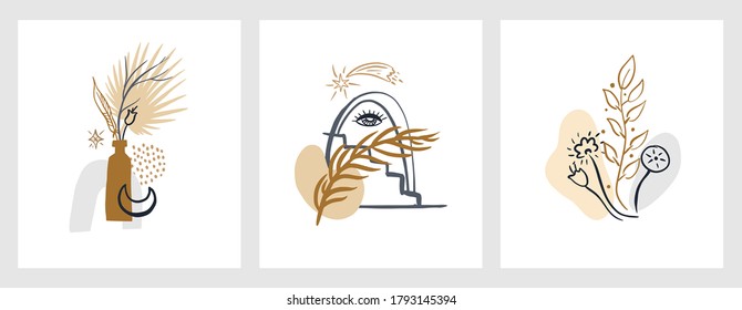 Collection of contemporary art posters with abstract shapes, esoteric symbols and boho elements. Vector witch magic design elements set. Hand drawn, doodle, magician collection