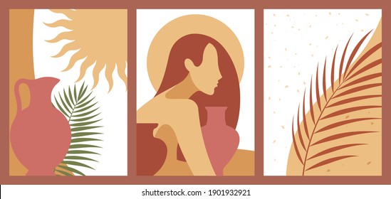 Collection of contemporary art posters - abstract female shapes and silhouettes with plants. Abstract shapes and  elements: palm leaves, pottery, jar, sunspot. 