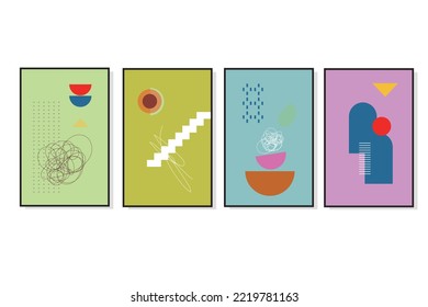 Collection of contemporary art posters. Abstract paper cut geometric elements , shapes and strokes, dots. Modern deisgn for social media, postcards, print.