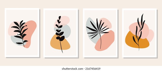 Collection of contemporary art posters Botanical wall art Abstract leaves foliage organic shapes. hand drawn vector set Design for print cover wallpaper social media