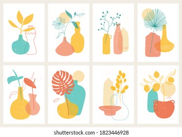 Collection of contemporary art posters with bright compositions of ceramics with flowers. Set of different decorative ceramic and porcelain vases vector illustration. Boho Home decor print, cover.