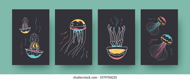 Collection of contemporary art posters with colorful medusas. Jellyfishes swimming underwater pastel vector illustrations. Marine fauna, aquarium concept for designs, social media, postcards