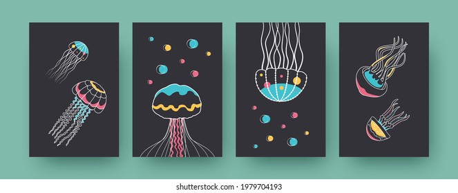 Collection of contemporary art posters with cute medusas. Small marine creatures with tentacles vector illustrations in pastel colors. Aquarium, wildlife concept for designs, social media, postcards