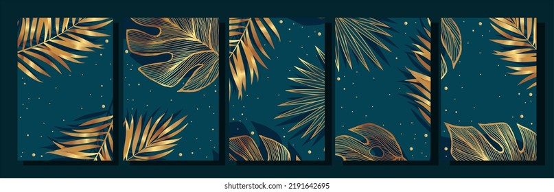 Collection of contemporary art posters in gold colors. Abstract geometric elements and tropical leaves. Great design for social media, postcards, print.