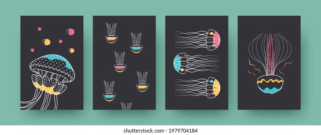 Collection of contemporary art posters with groups of medusas. Jellyfishes swimming together vector illustrations in pastel colors. Marine fauna, wildlife concept for designs, social media, postcards