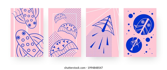 Collection of contemporary art posters with kites of fish shape. Flying toys for kids vector illustrations in creative style. Outdoor activity concept for designs, social media, postcards