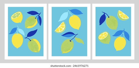 Colección de carteles de arte contemporáneo con frutas de limón. Ilustración vectorial en estilo minimalista audaz.