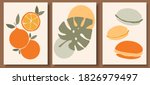 Collection of contemporary art posters in pastel colors. Abstract  geometric elements and strokes, leaves and fruits, macaroons, oranges. Great design for social media, postcards, print.