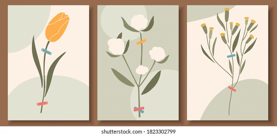 Collection of contemporary art posters in pastel colors. Abstract  geometric elements and shapes, leaves and flowers, tulip. Great design for social media, postcards, print.