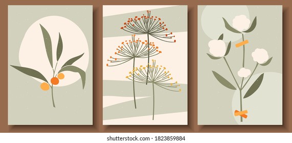 Collection of contemporary art posters in pastel colors. Abstract  geometric elements and shapes, leaves and flowers. Great design for social media, postcards, print.