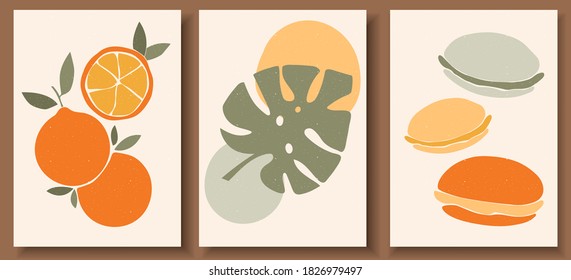 Collection of contemporary art posters in pastel colors. Abstract  geometric elements and strokes, leaves and fruits, macaroons, oranges. Great design for social media, postcards, print.