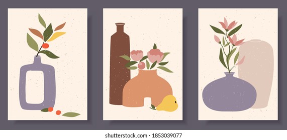 Collection of contemporary art posters in pastel colors. Abstract elements and vases,flowers, leaves and fruits, branches. Great design for social media, postcards, print.