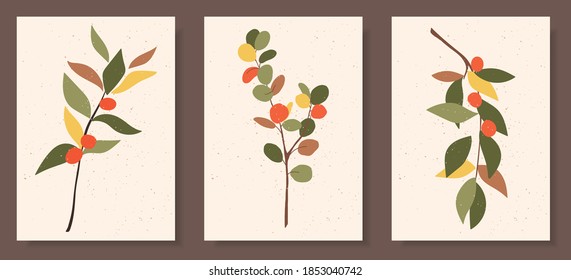 Collection of contemporary art posters in pastel colors. Abstract elements,  leaves and fruits, branches, tangerines. Great design for social media, postcards, print.