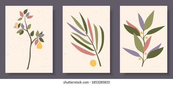 Collection of contemporary art posters in pastel colors. Abstract elements, leaves and fruits, branches, pears. Great design for social media, postcards, print.