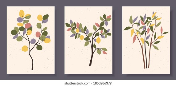 Collection of contemporary art posters in pastel colors. Abstract leaves and fruits, branches, lemons. Great design for social media, postcards, print.